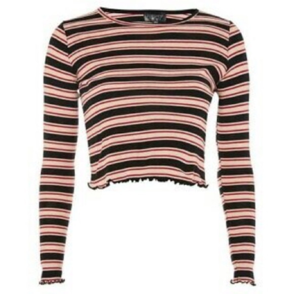 TOPSHOP Y2K Multi Striped Crop Lettuce Top Red Black Cream Size 2 - Picture 4 of 11